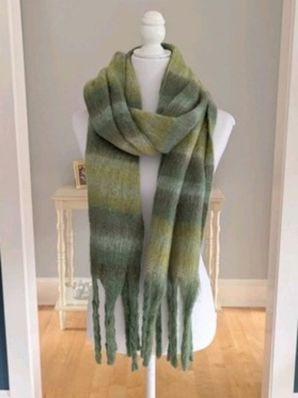 Oversized Brushed Mohair Blend Soft Scarf Wrap Green Ombre Striped Boho